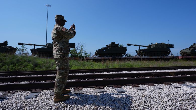 Tanks and other military vehicles are transported via railroad to Washington, DC, for an upcoming parade for the Army's 250th anniversary on June 2 at Fort Cavazos near Killeen, Texas.