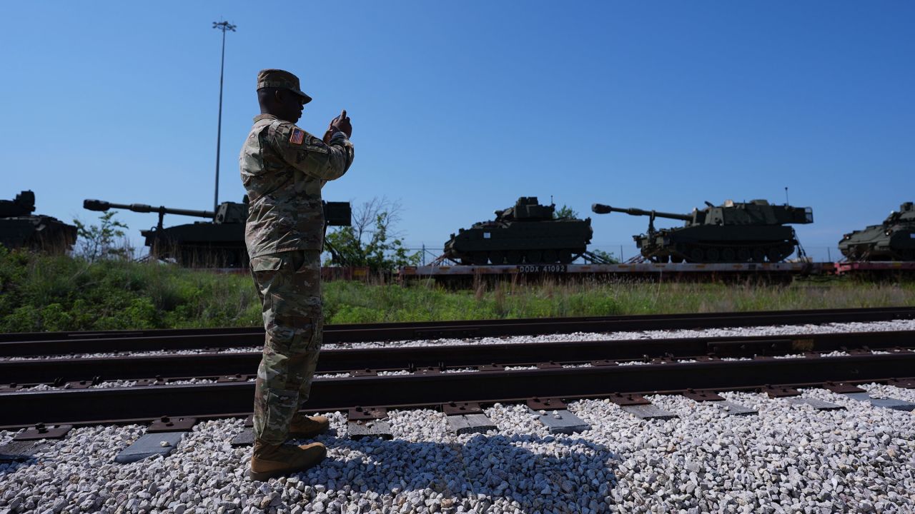 Tanks and other military vehicles are transported via railroad to Washington, DC, for an upcoming parade for the Army's 250th anniversary on June 2 at Fort Cavazos near Killeen, Texas.