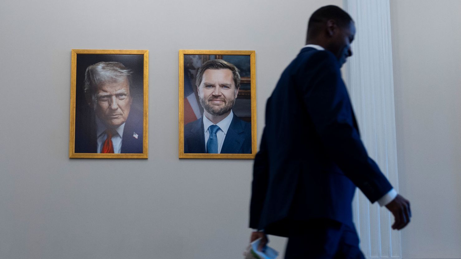 The official portraits of President Donald Trump and Vice President JD Vance hang in the Eisenhower Executive Office Building on the White House campus on June 2.