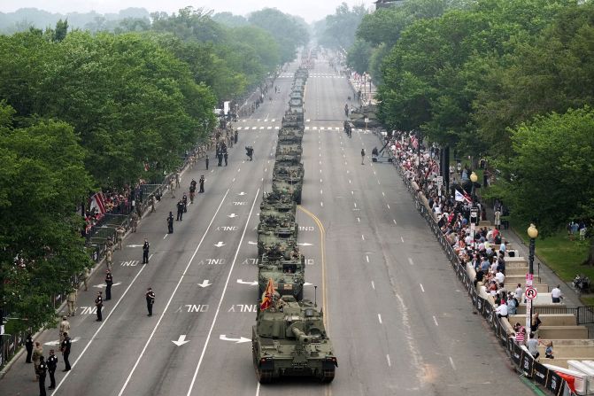 A military parade commemorating the Army's 250th anniversary and coinciding with President Donald Trump's 79th birthday, Saturday, June 14, 2025, in Washington. (AP Photo/Jacquelyn Martin)