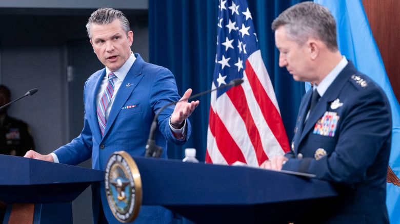 Defense Secretary Pete Hegseth speaks at a news conference with Joint Chiefs Chairman Gen. Dan Caine at the Pentagon on June 26.