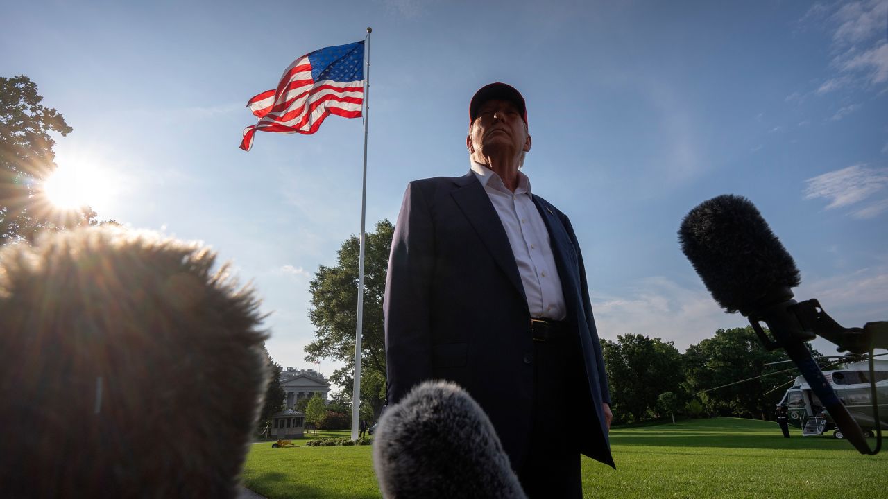 President Donald Trump speaks to the media before walking across the South Lawn of the White House earlier this week in Washington, DC.