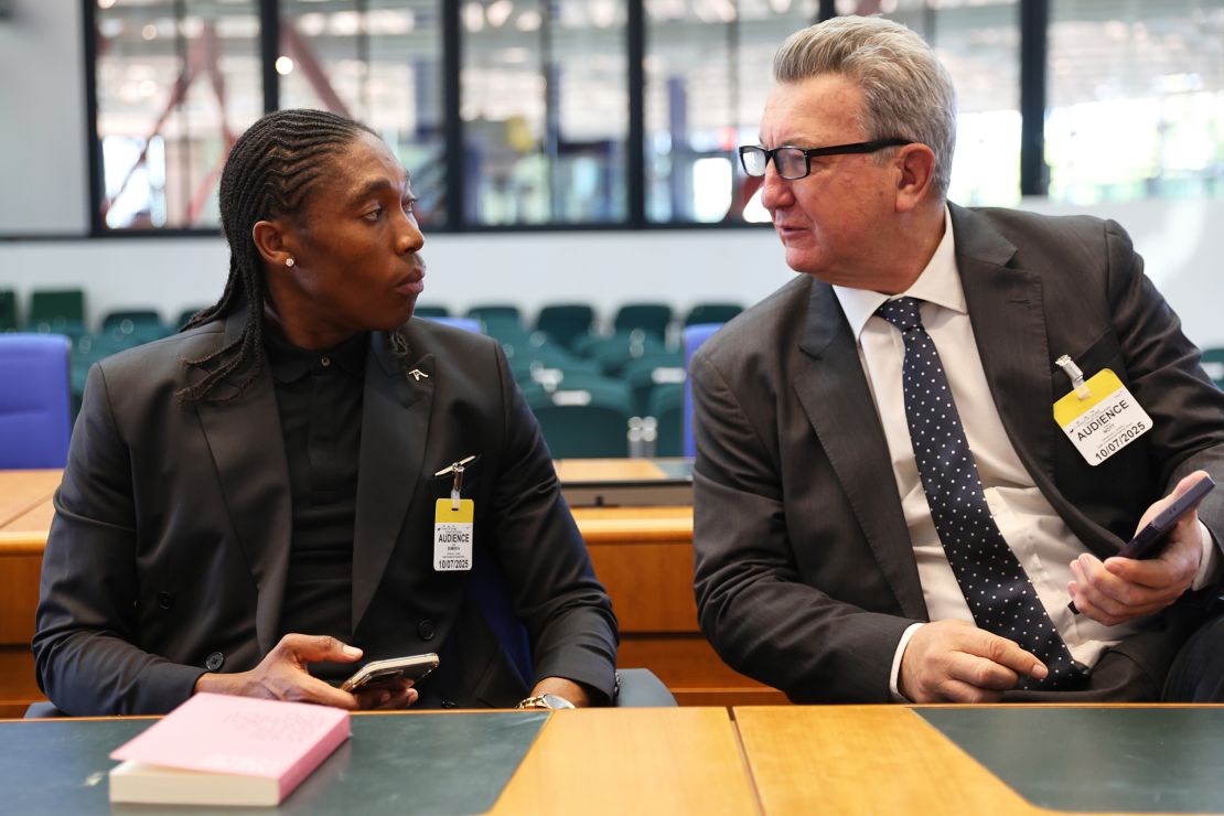 Semenya speaks to lawyer Gregory Nott, right, in the European Court of Human Rights before a decision over sex eligibility rules in sports on July 10 in Strasbourg, eastern France.