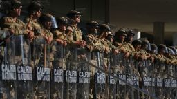 California National Guard members are positioned at the Federal Building in downtown Los Angeles on June 10.