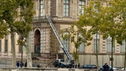A basket lift used by thieves is seen at the Louvre museum Sunday Oct.19, 2025 in Paris.