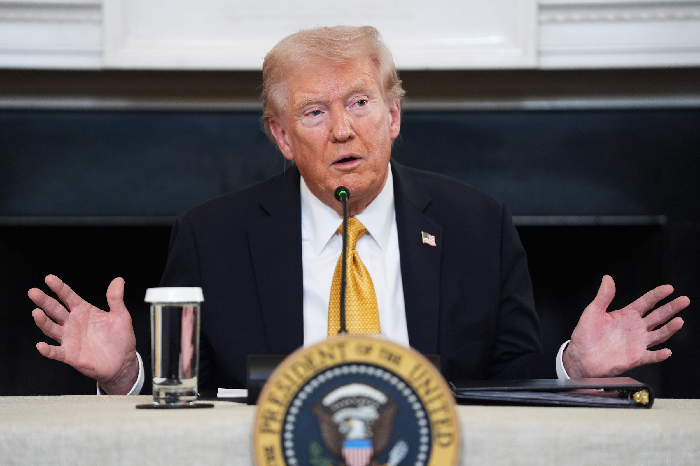 President Donald Trump answers questions from reporters during a roundtable on criminal cartels in the State Dining Room of the White House, Thursday, October 23, 2025, in Washington.
