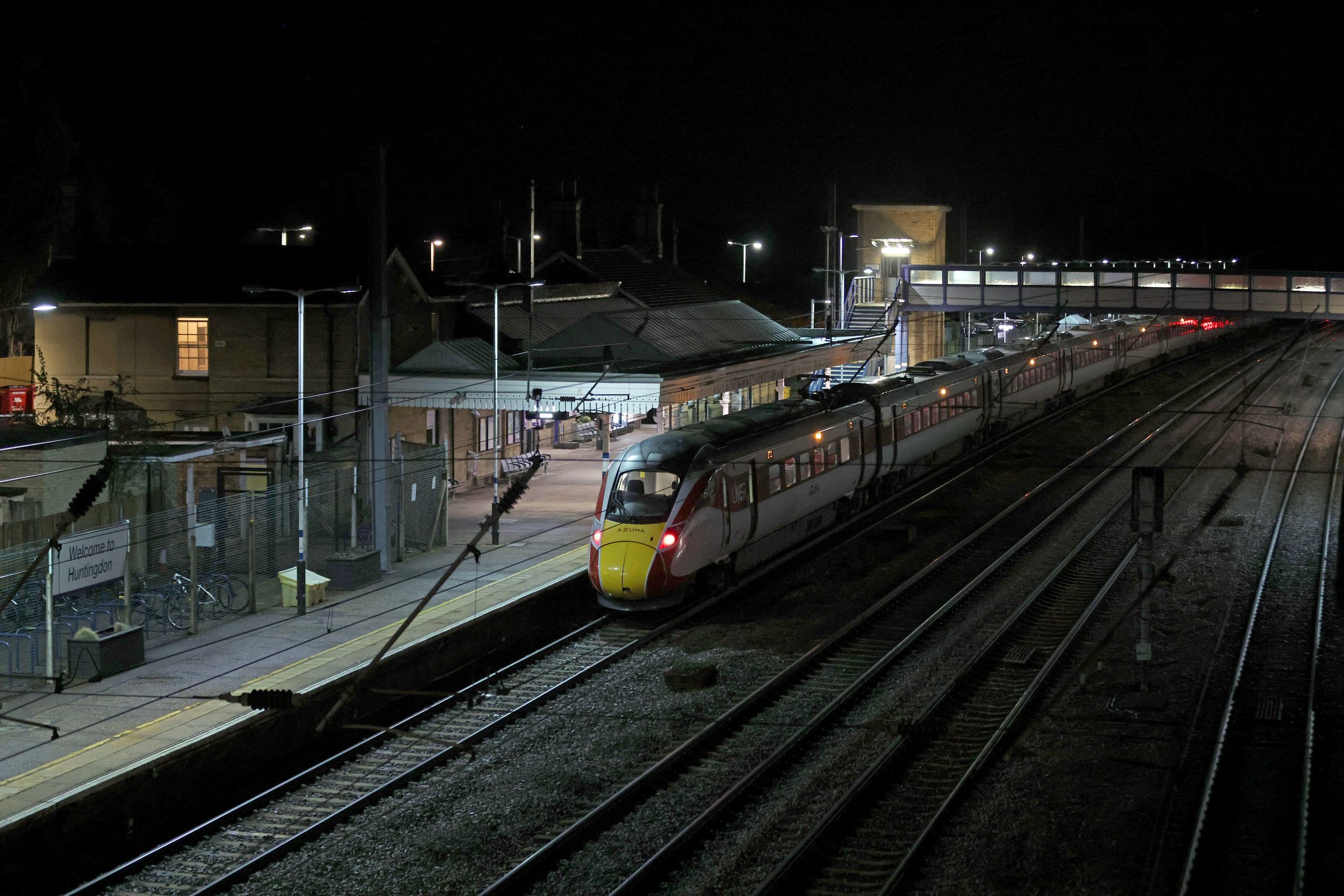 The Huntingdon, England, train station in Cambridgeshire where several people were stabbed on a train on Saturday, Nov. 1, 2025.