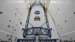 In this image provided by Blue Origin, NASA's identical Mars orbiters, named Escapade (Escape and Plasma Acceleration and Dynamics Explorers), are secured in Blue Origin’s New Glenn rocket's 7-meter fairing, Oct. 31, 2025, in Cape Canaveral, Florida.