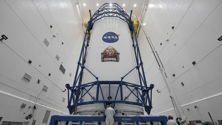 In this image provided by Blue Origin, NASA's identical Mars orbiters, named Escapade (Escape and Plasma Acceleration and Dynamics Explorers), are secured in Blue Origin’s New Glenn rocket's 7-meter fairing, Oct. 31, 2025, in Cape Canaveral, Florida.