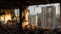 An apartment is seen damaged after a Russian attack on residential neighbourhood in Kyiv, Ukraine, on Friday, Nov. 14, 2025.