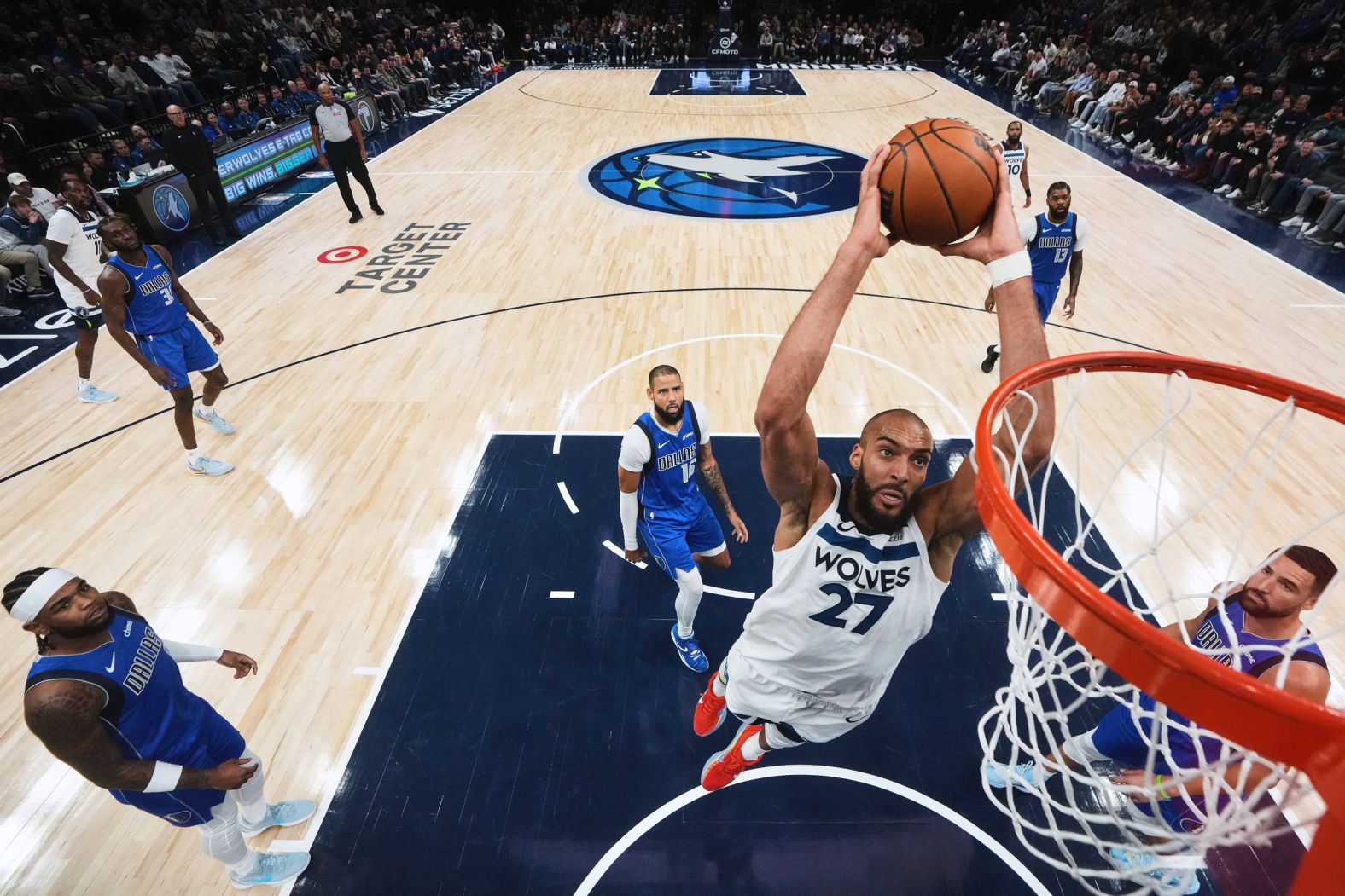Minnesota Timberwolves center Rudy Gobert goes up for a dunk during an NBA game against the Dallas Mavericks on Monday, November 17.