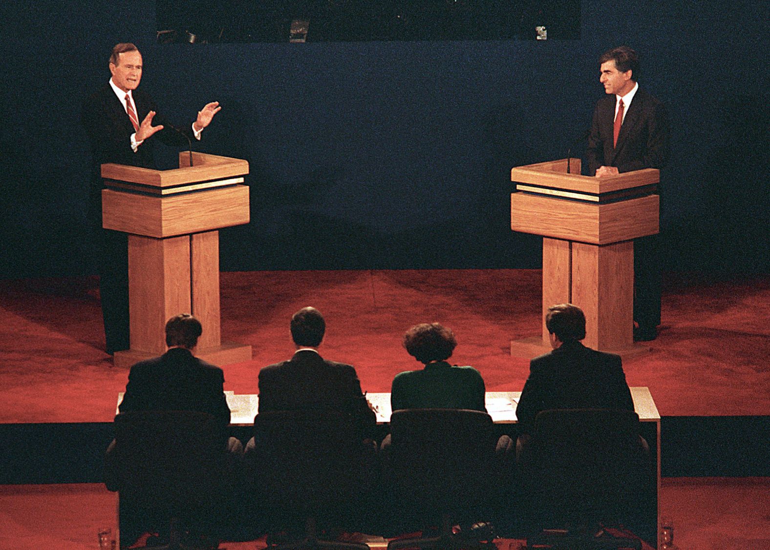 Vice President George H.W. Bush speaks during his first presidential debate with Michael Dukakis in 1988.