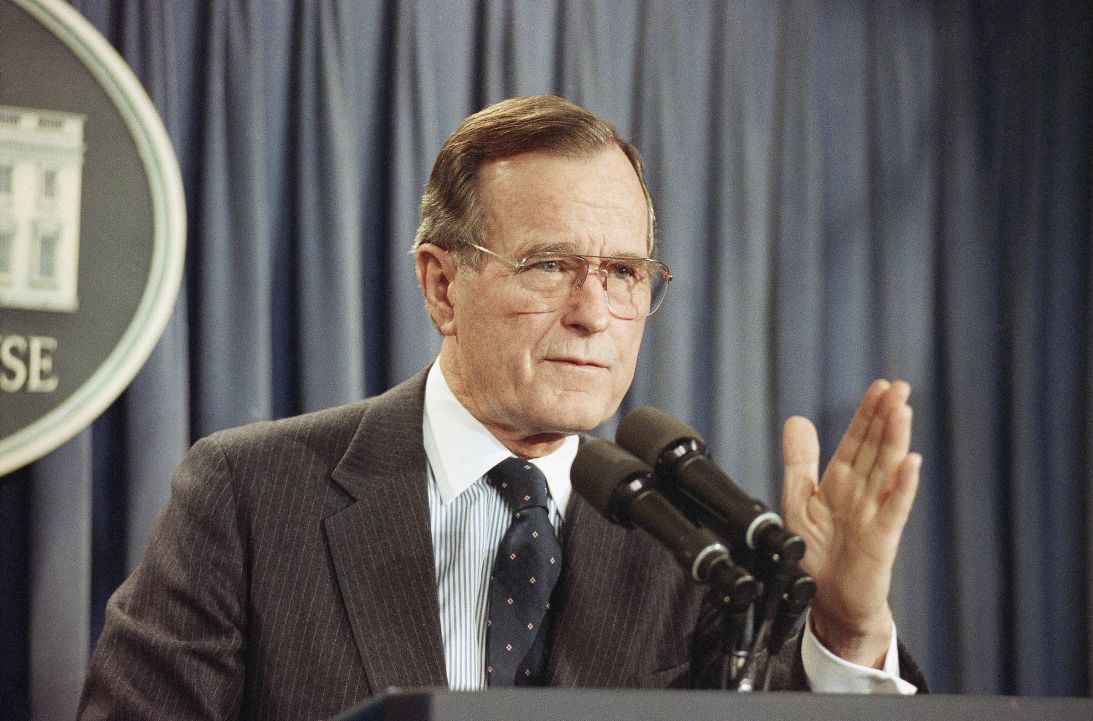 US President George H.W. Bush answering a question during a press conference on December 22, 1989. Bush said he won't be satisfied until Panama's Manuel Antonio Noriega is brought to justice and that the United States will hunt him "as long as it takes."