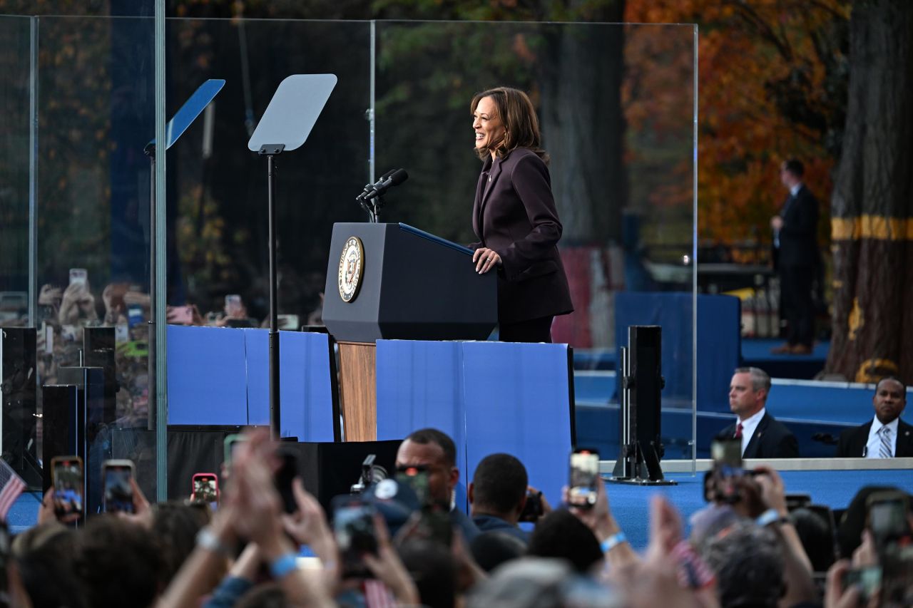 Vice President Kamala Harris speaks at Howard University in Washington, DC, on November 6.