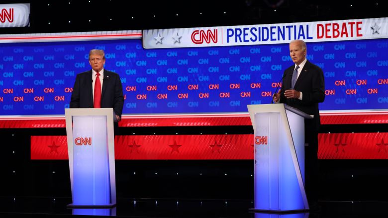 President Joe Biden and former President Donald Trump are seen during a CNN Presidential debate in Atlanta on June 27, 2024.