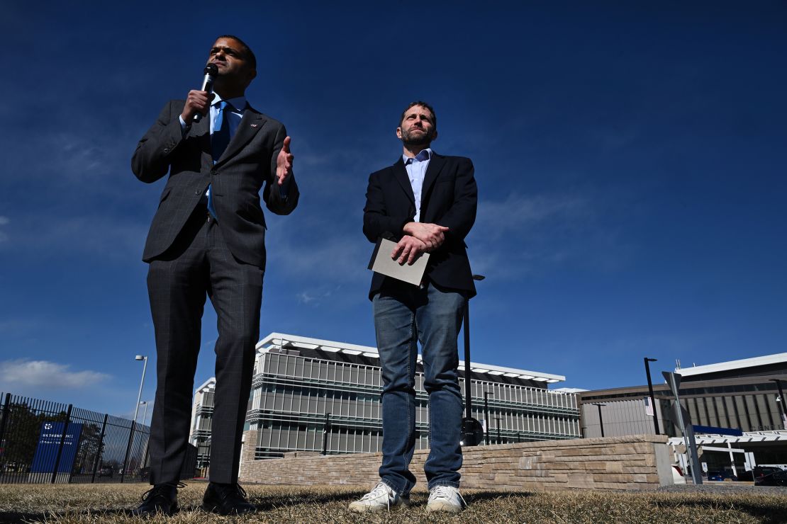 Dr. Shereef Elnahal, VA Under Secretary for Health, left, with Rep. Jason Crow, right, speaks during a press conference outside of Building A of the U.S. Department of Veterans Affairs at 1700 North Wheeling St in Aurora, Colorado on March 4.
