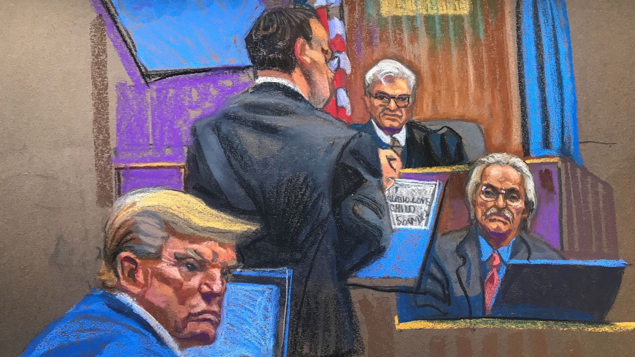 In this sketch from court, former President Donald Trump, left, listens as David Pecker testifies in Manhattan Criminal Court in New York on Tuesday.