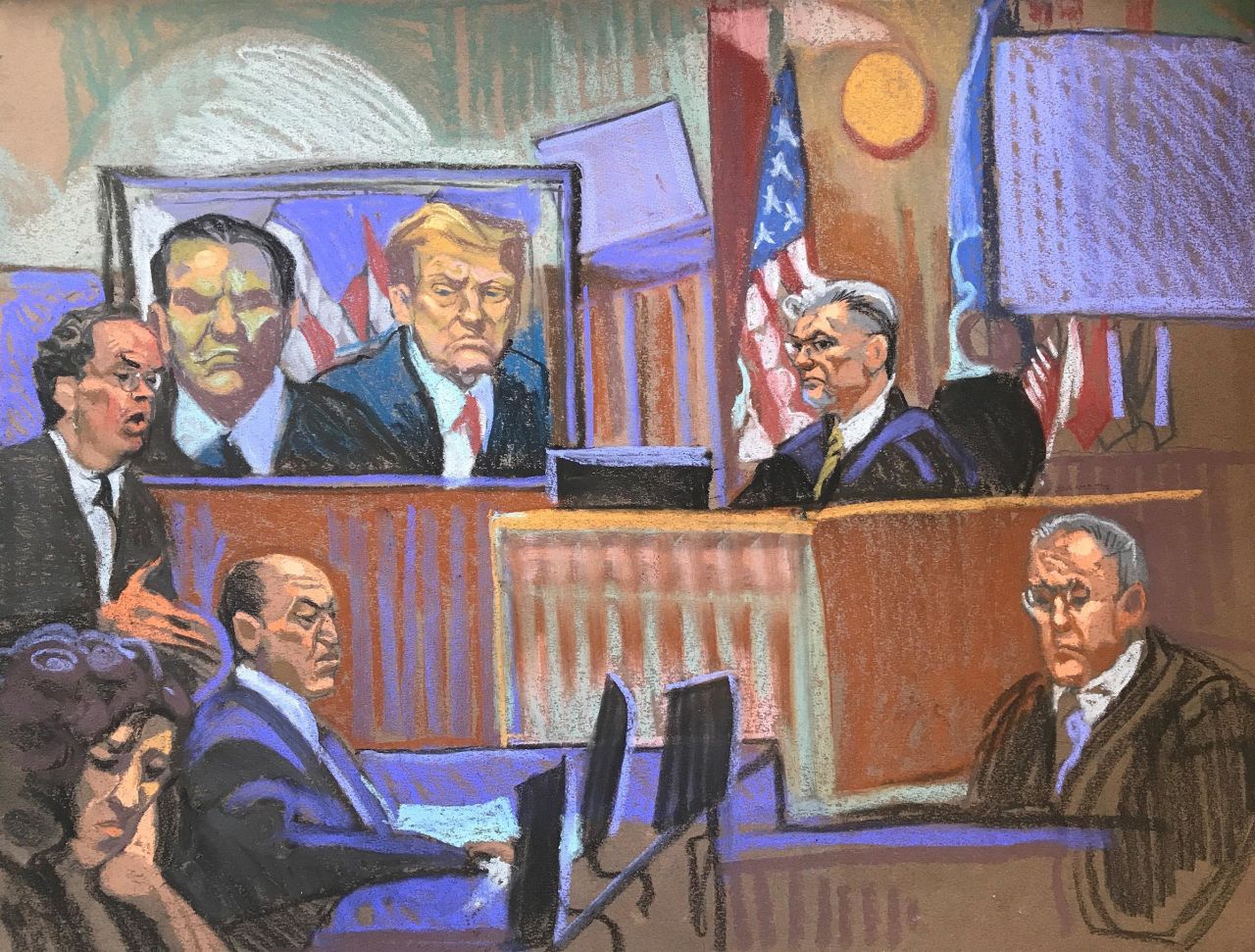 This sketch from court shows President-elect Donald Trump and his lawyer Todd Blanche on the screen to the left of Judge Juan Merchan in New York on Friday, January 10.