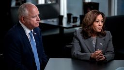 Minnesota Gov. Tim Walz and Vice President Kamala Harris are interviewed by CNN’s Dana Bash at Kim’s Cafe in Savannah, Georgia, on August 29, 2024. This is the first time Harris has sat with a journalist for an in-depth, on-the-record conversation since President Joe Biden ended his presidential bid in July. 