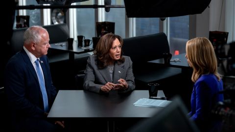 Minnesota Gov. Tim Walz and Vice President Kamala Harris are interviewed by CNN’s Dana Bash at Kim’s Cafe in Savannah, Georgia, on August 29, 2024. This is the first time Harris has sat with a journalist for an in-depth, on-the-record conversation since President Joe Biden ended his presidential bid in July. 