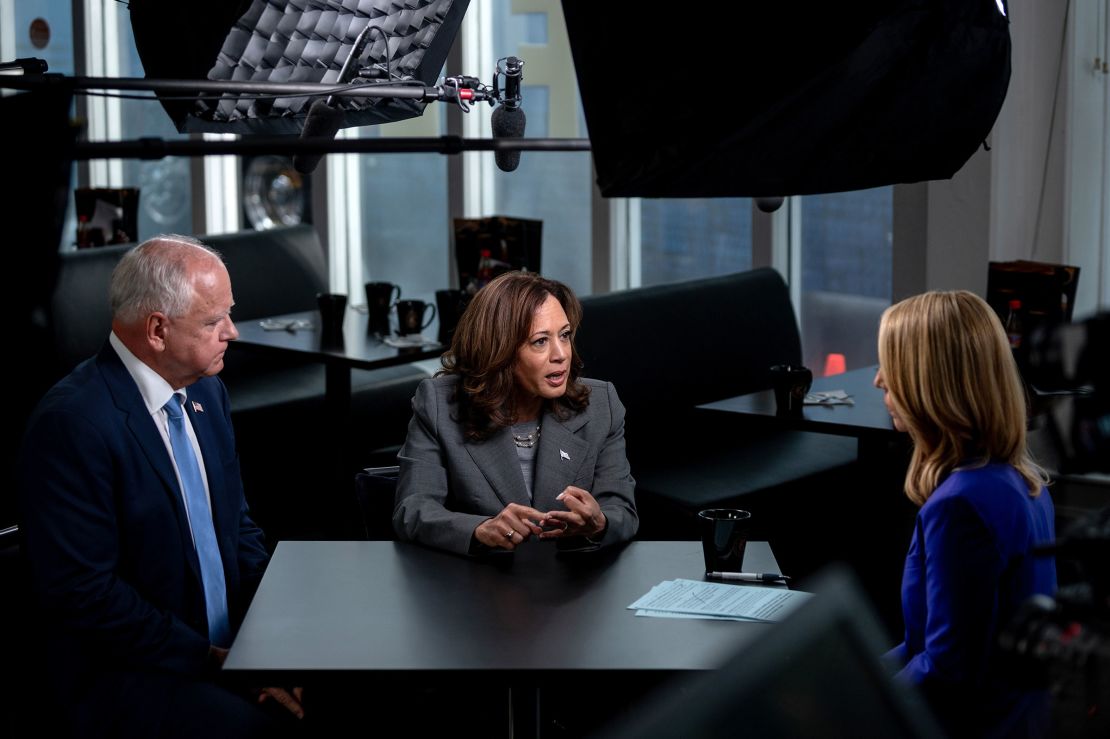 Minnesota Gov. Tim Walz and Vice President Kamala Harris are interviewed by CNN’s Dana Bash at Kim’s Cafe in Savannah, Georgia, on August 29, 2024. This is the first time Harris has sat with a journalist for an in-depth, on-the-record conversation since President Joe Biden ended his presidential bid in July. 