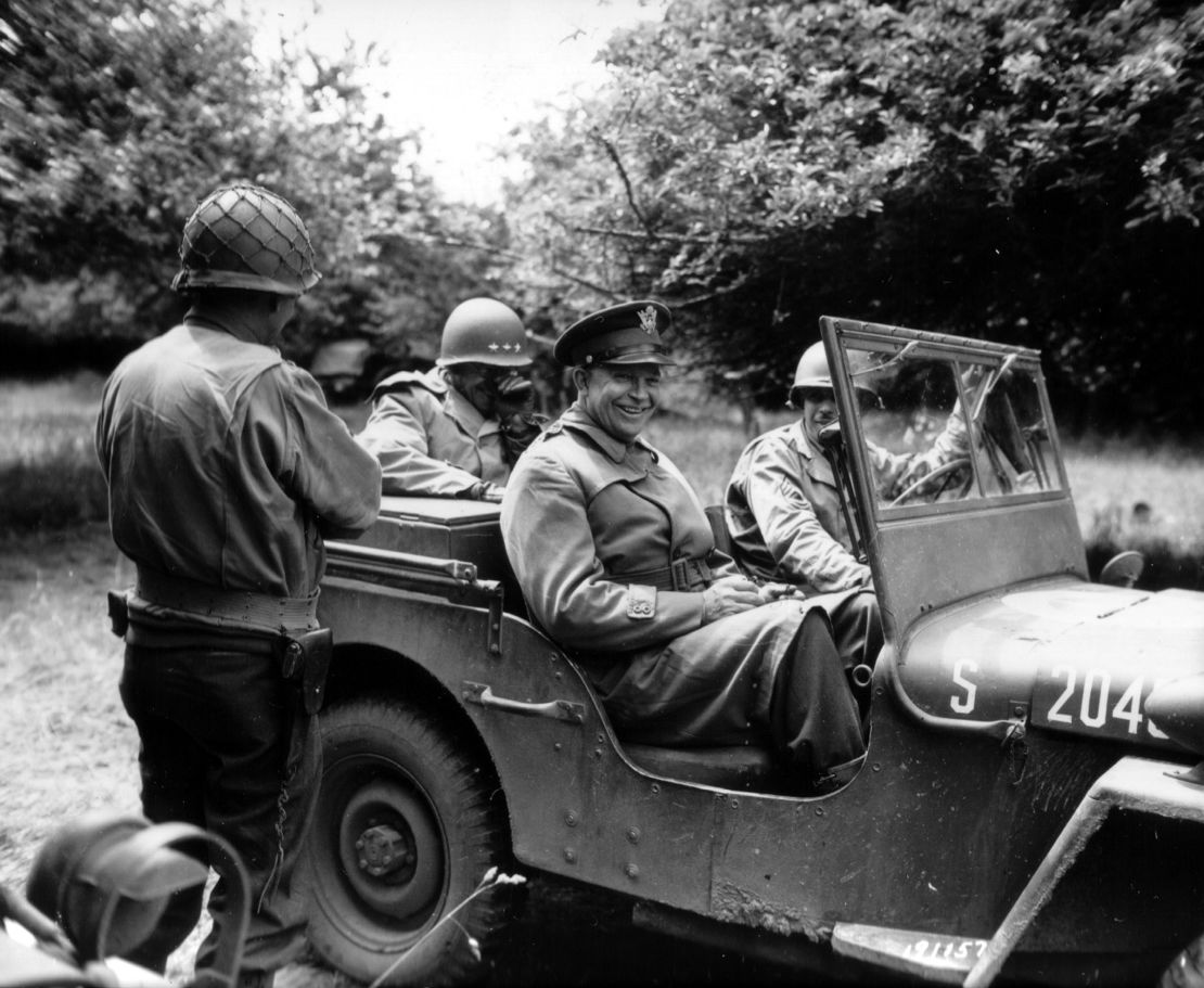 General Dwight D. Eisenhower in his jeep in Normandy in 1944. Several Willy Jeeps will be featured in the military parade.
