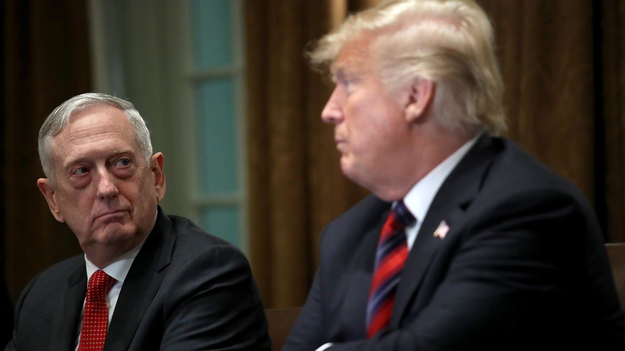 In this October 2018 photo, then-US Defense Secretary Jim Mattis listens as then-President Donald Trump answers questions during a meeting with military leaders in the Cabinet Room in Washington, DC. 