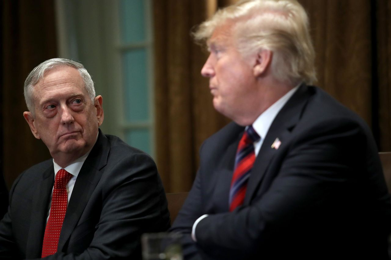 This photo from October 2018 shows then-Defense Secretary Jim Mattis listening to then-President Donald Trump answer questions during a meeting with military leaders in the Cabinet Office in Washington, D.C. . 