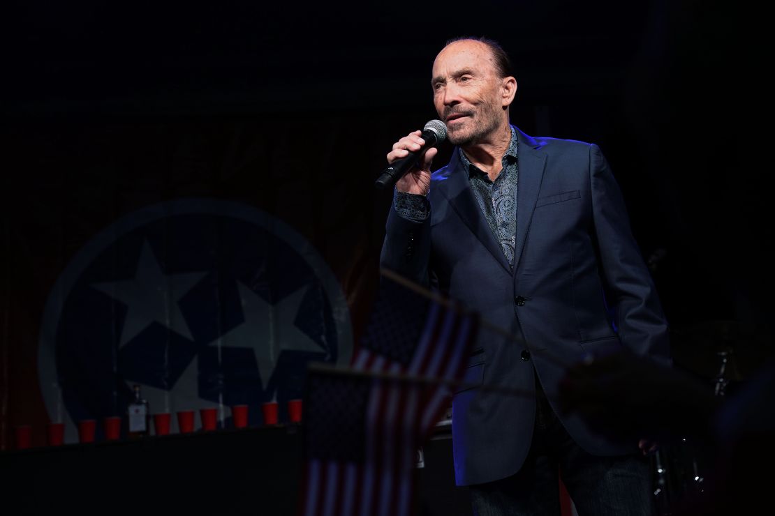 In this 2018 photo, singer Lee Greenwood performs during an election night party for US Senate candidate Marsha Blackburn in Franklin, Tennessee. 
