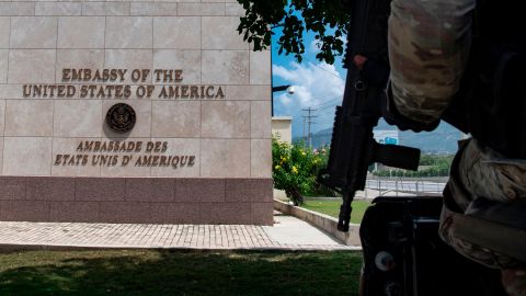 Haitian security personnel guard outside the US Embassy in the Haitian capital Port-au-Prince on April 29, 2019.