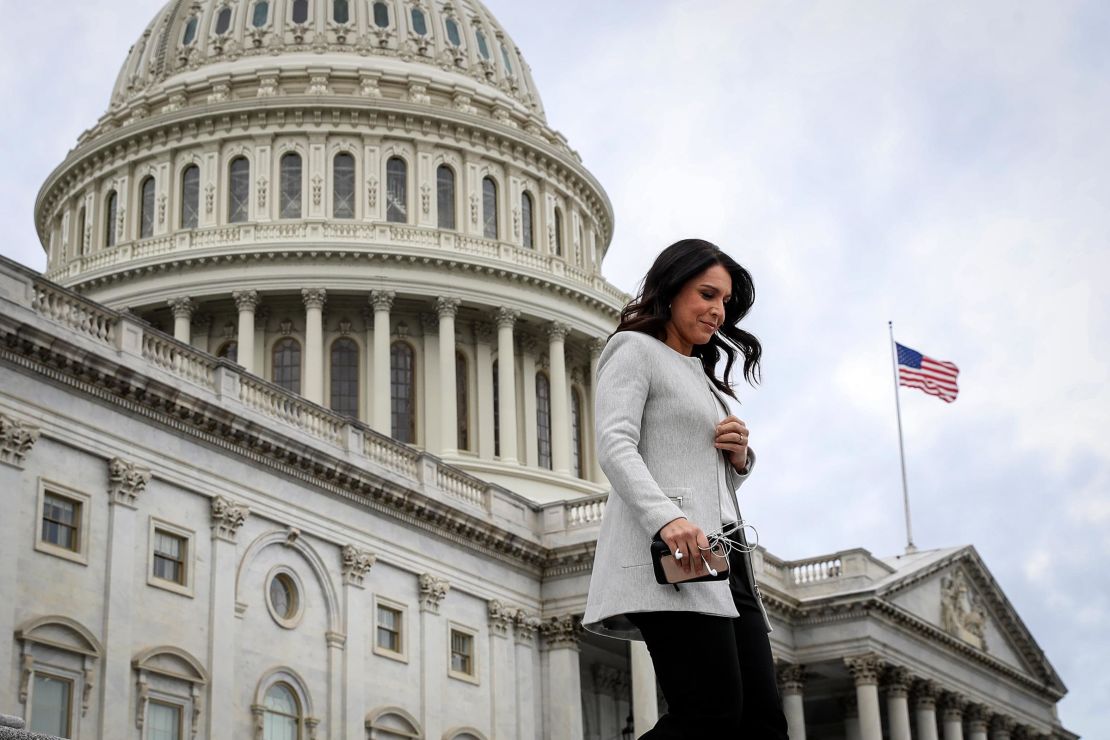 Tulsi Gabbard walks down the steps of the House of Representatives at the US Capitol after the last votes of the week on January 10, 2020 in Washington, DC. 