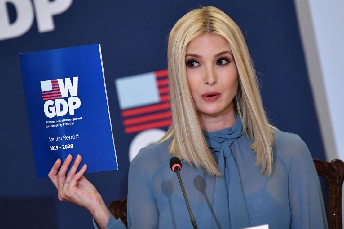 In this February 2020 photo, Ivanka Trump holds up a report as she hosts an event with US Secretary of State Mike Pompeo celebrating the one-year anniversary of the White Houses Womens Global Development and Prosperity Initiative in the Benjamin Franklin Room of the Department of State in Washington, DC.