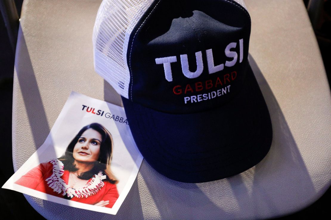 Campaign items sit on a chair at a town hall meeting held by Tulsi Gabbard on Super Tuesday Primary night on March 3, 2020 in Detroit, Michigan. 