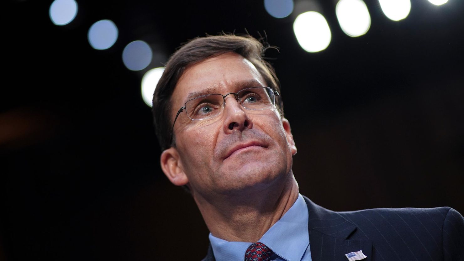 In this 2020 photo, Mark Esper testifies during a Senate Armed Services Committee hearing concerning the Department of Defense budget in the Hart Senate Office Building in Washington, DC. 