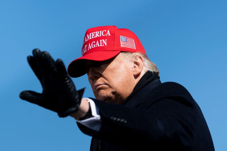 Donald Trump leaves after a campaign rally on November 2, 2020, in Fayetteville, North Carolina.