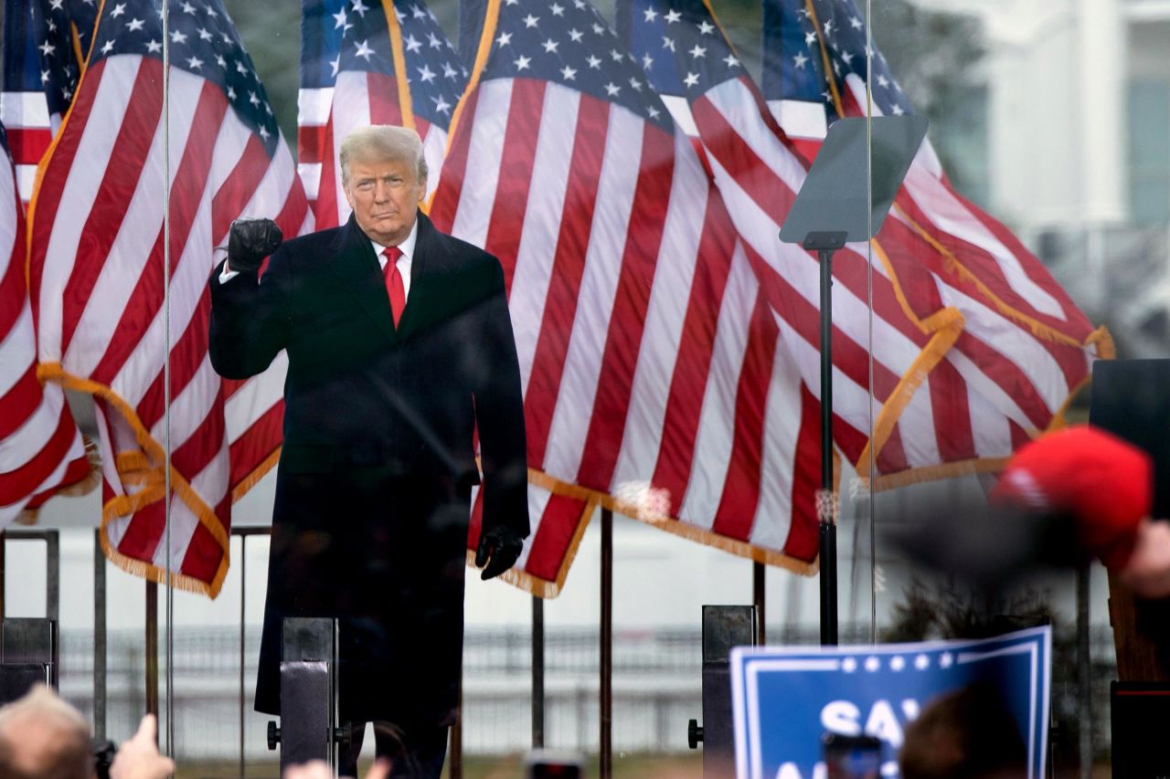 In this January 6, 2021 photo, then-President Donald Trump speaks to supporters from The Ellipse near the White House in Washington, DC.