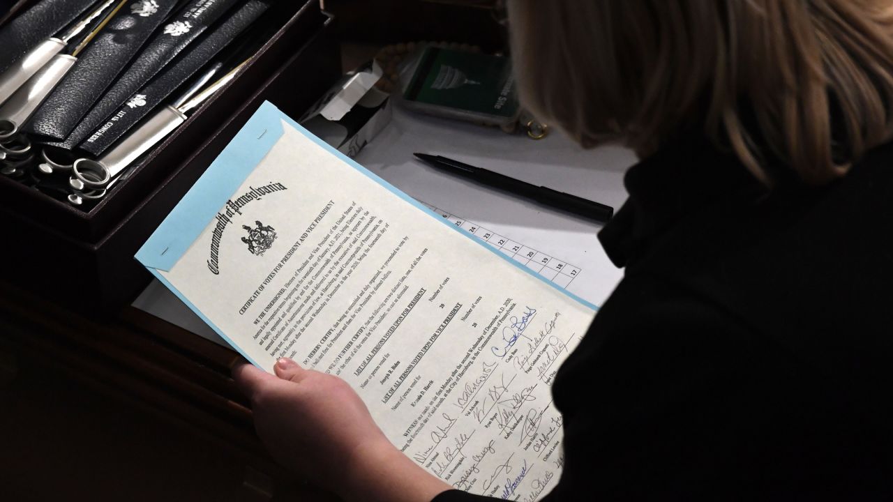 In this January 2021 photo, a person holds the certificate of votes from the commonwealth of Pennsylvania during a joint session of Congress after the session resumed following protests at the US Capitol in Washington, DC, early on January 7, 2021. 