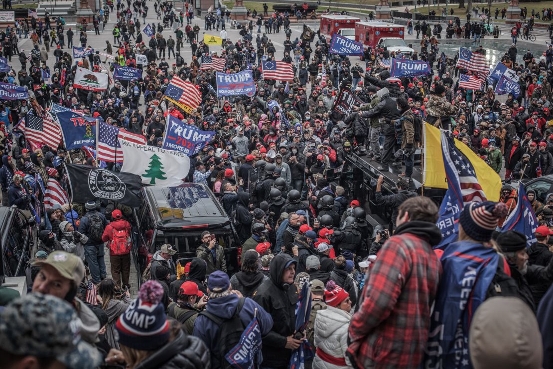 The "Appeal to Heaven" flag is seen in the left side of this photo from January 6, 2021, in Washington, DC, shortly before protesters stormed the US Capitol.