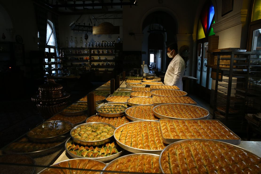 Prepared baklava trays are displayed at a bakery in Turkey's southeastern city of Gaziantep on April 08, 2019.