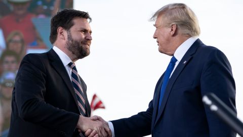 In this April 2022 photo, J.D. Vance shakes hands with former President Donald Trump during a rally hosted by the former president at the Delaware County Fairgrounds on in Delaware, Ohio.