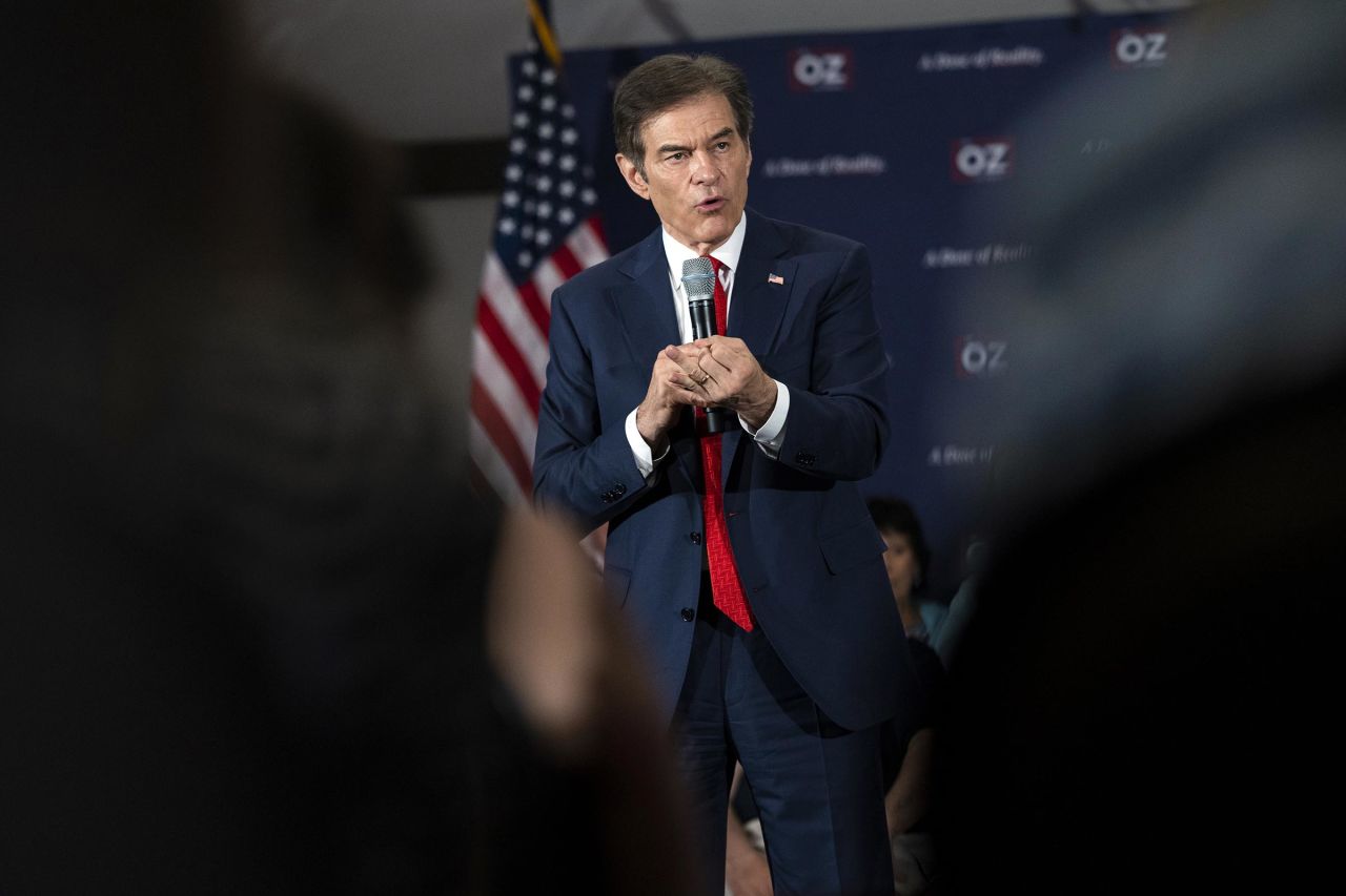 Mehmet Oz speaks during a town hall in Bell Blue, Pennsylvania, on Monday, May 16, 2022. 