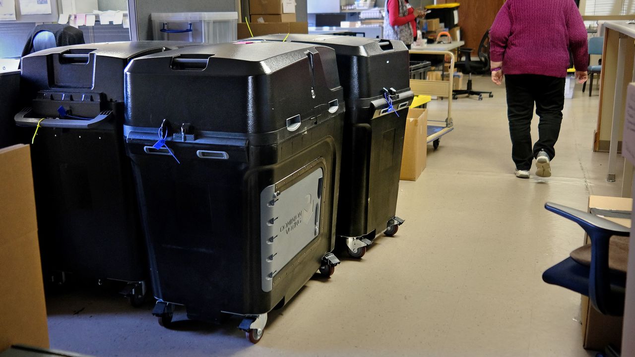 In this January 2022 photo, Dominion voting machines sit in the basement at the election offices Rome, Georgia.