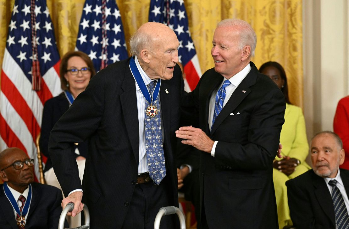 In this July 2022 photo, President Joe Biden presents former Sen. Alan Simpson with the Presidential Medal of Freedom, the nation's highest civilian honor, in the East Room of the White House in Washington, DC.