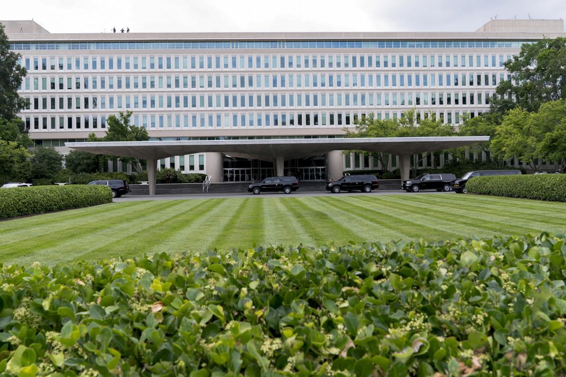 The presidential motorcade outside the Central Intelligence Agency (CIA) headquarters in Langley, Virginia, in July 2022.