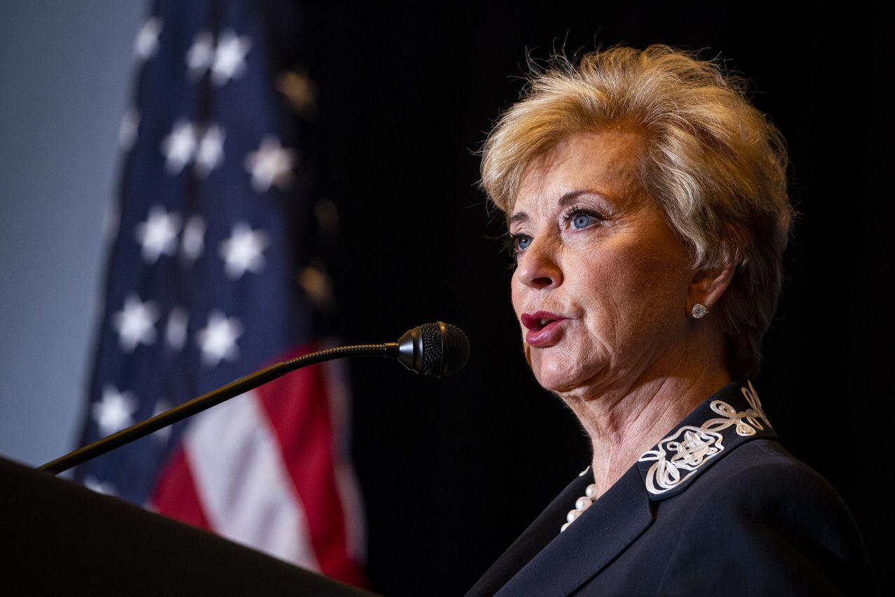 Linda McMahon speaks during the America First Policy Institute's America First Agenda summit in Washington, DC, in July 2022.