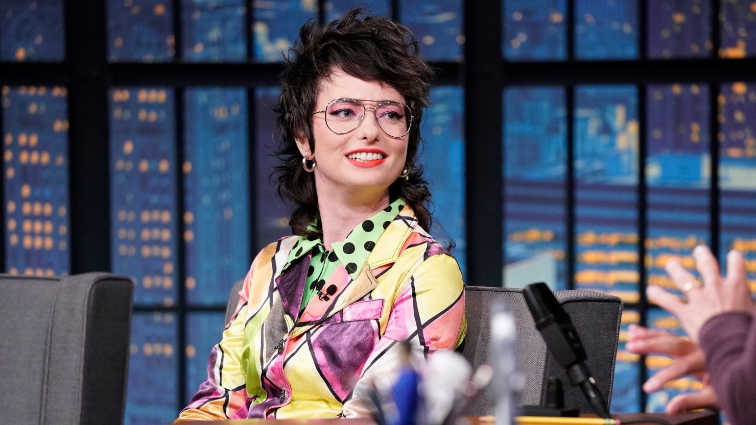This October 2022 photo shows Sarah Sherman during an interview with host Seth Meyers.
