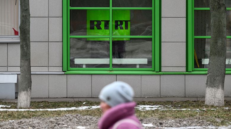 This photograph taken in Moscow on January 22, 2023 shows the logo of RT (Russia Today) TV channel displayed at the company headquarters.