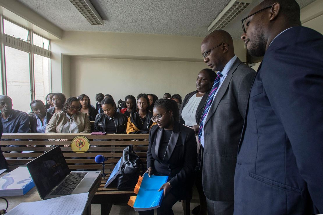 Kenyan lawyer Mercy Mutemi along with fellow counsel follow proceedings during a virtual pre-trial consultation with a judge and Meta's legal counsel when she appeared in labour court on behalf of 43 former content moderators for Facebook who filed a complaint in Kenya against Meta, Facebook's parent company, for alleged illegal dismissal in Nairobi on April 12, 2023.