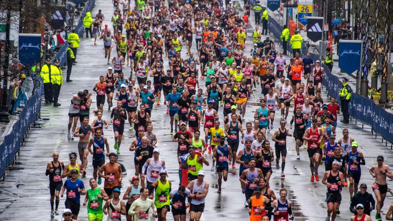 Thousands of runners make their way to the finish line during the 127th Boston Marathon in Boston, Massachusetts on April 17, 2023.
