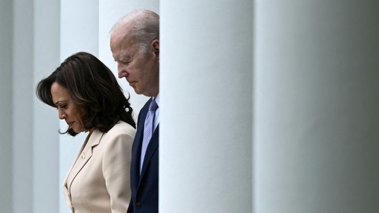 Vice President Kamala Harris and President Joe Biden arrive to deliver remarks during National Small Business Week, in the Rose Garden of the White House in Washington, DC, on May 1, 2023.